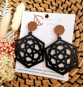 Black wooden zentangle star earrings
