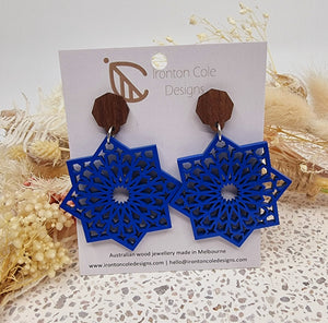 Wooden blue star earrings