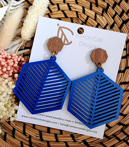 Bright blue wooden earrings