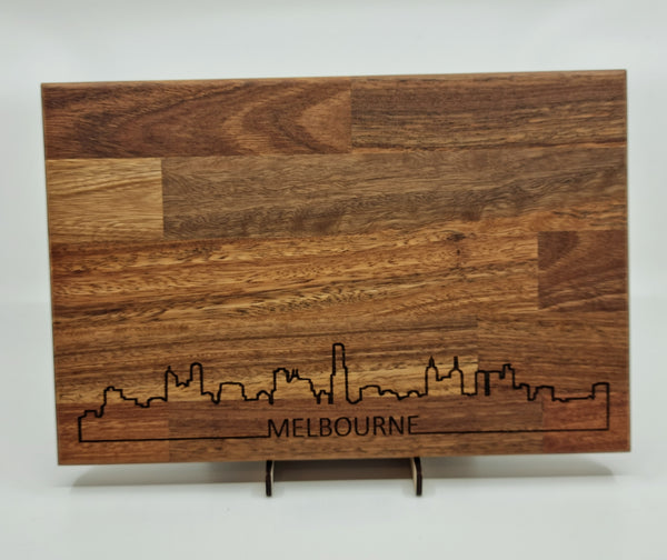 Wooden cheese board with Melbourne skyline