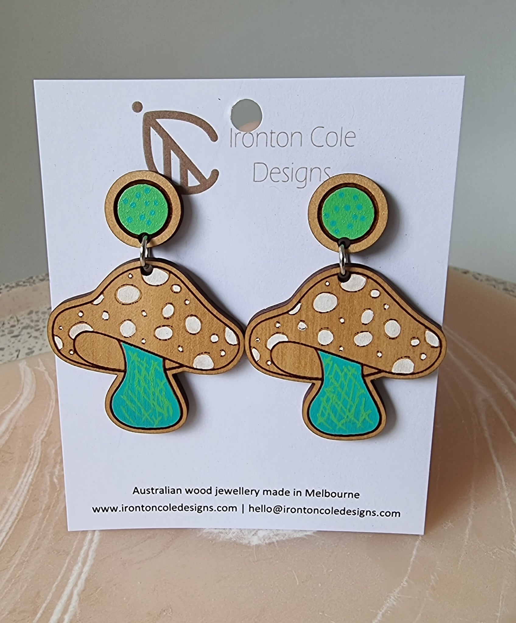 Mint green wooden mushroom earrings