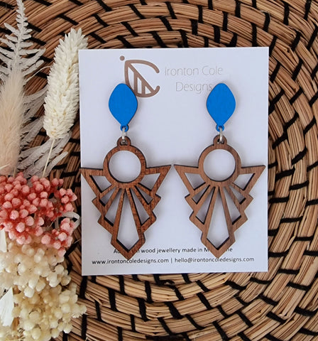 Art deco wooden style earrings with a painted blue post