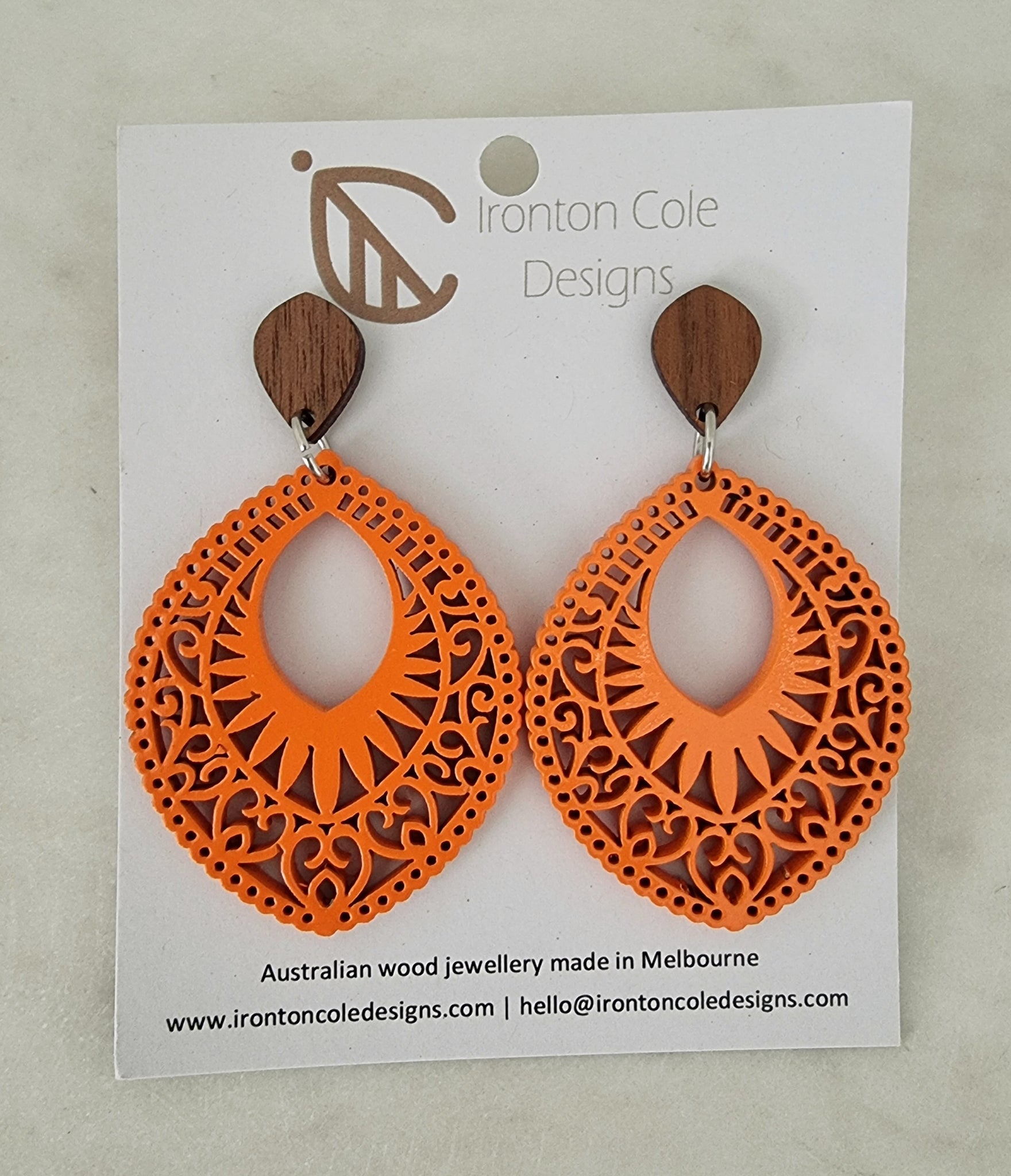 Orange boho wooden earrings