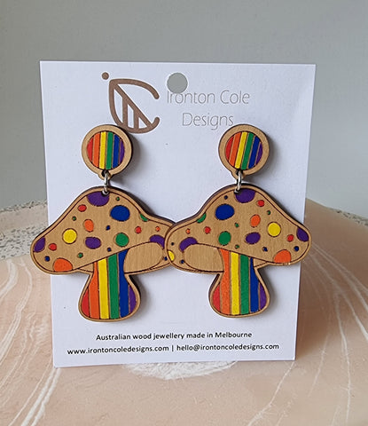 Extra rainbow wooden mushroom earrings