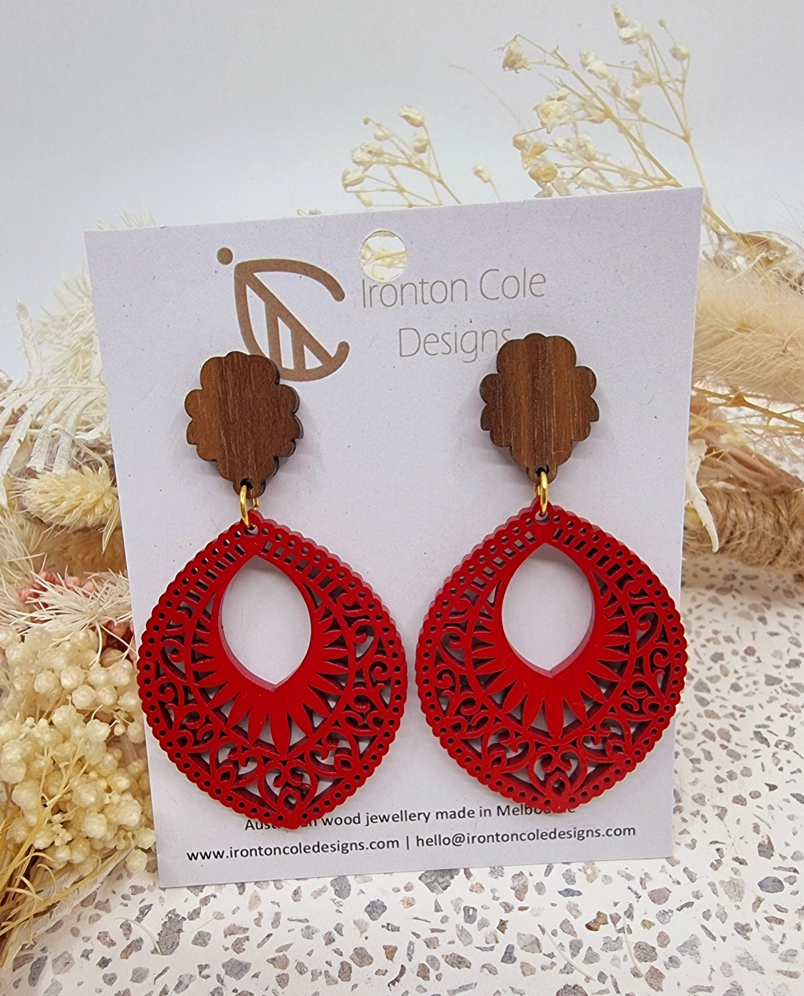 Red boho wooden earrings