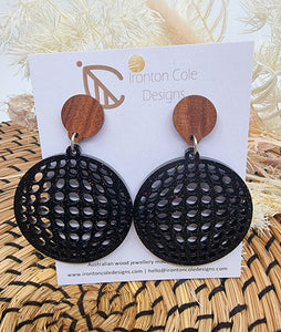 Black sparkle circle wooden earrings