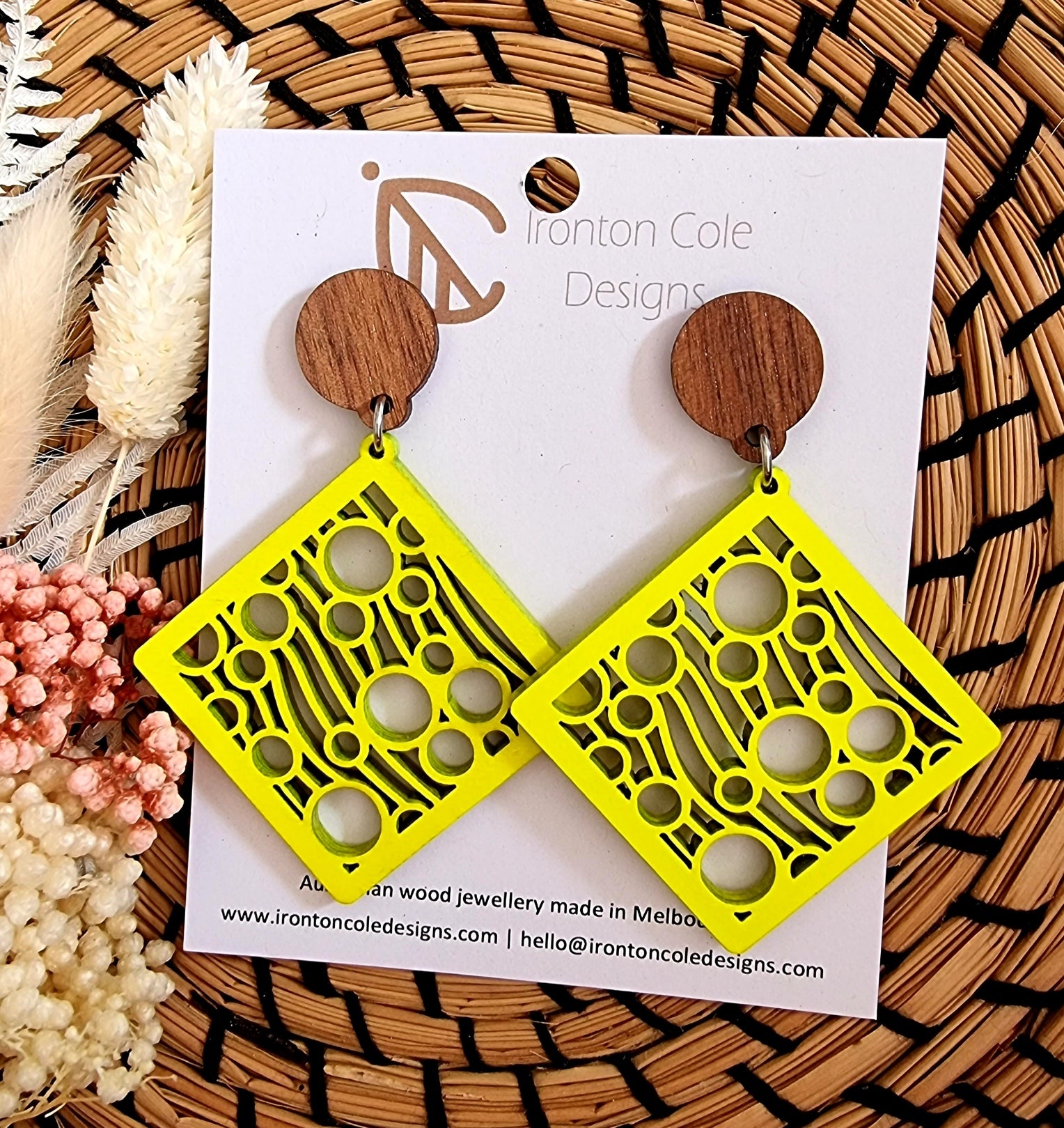 Neon yellow circles and square wooden earrings